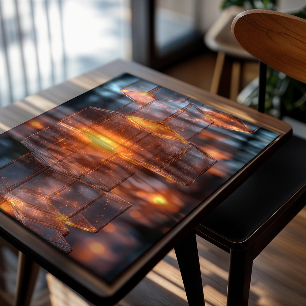 Stack of transparent glass cubes with glowing orange light against a blurred background, as a premium aluminum metal print from GoMetalPrint.
