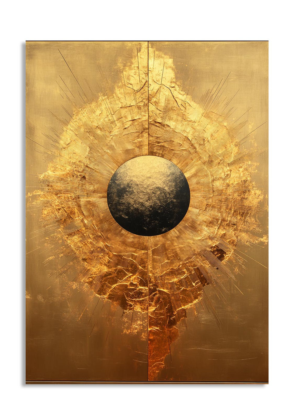 Abstract art piece with gold and black design on a white background, as a premium aluminum metal print from GoMetalPrint.
