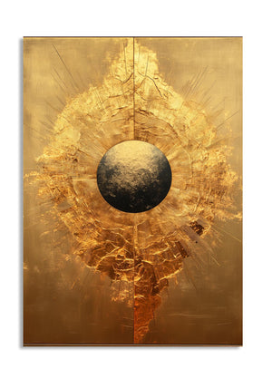 Abstract art piece with gold and black design on a white background, as a premium aluminum metal print from GoMetalPrint.
