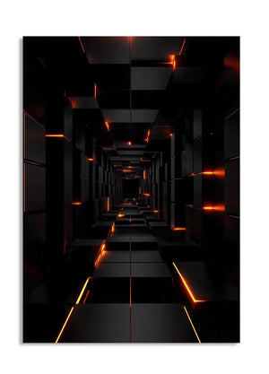 Dark tunnel with orange lights on a white background, as a premium aluminum metal print from GoMetalPrint.
