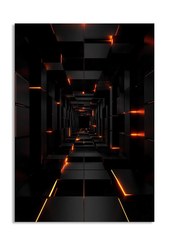Dark tunnel with orange lights on a white background, as a premium aluminum metal print from GoMetalPrint.
