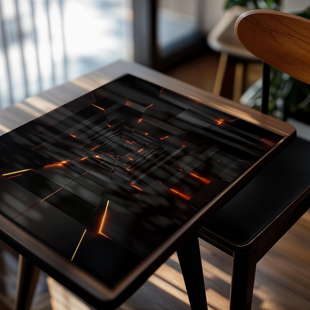 Dark tunnel with orange lights on a white background, as a premium aluminum metal print from GoMetalPrint.
