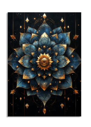 Decorative wall art with a blue and gold mandala design on a black background , as a premium aluminum metal print from GoMetalPrint.
