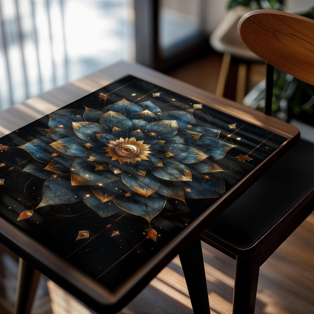 Decorative wall art with a blue and gold mandala design on a black background , as a premium aluminum metal print from GoMetalPrint.
