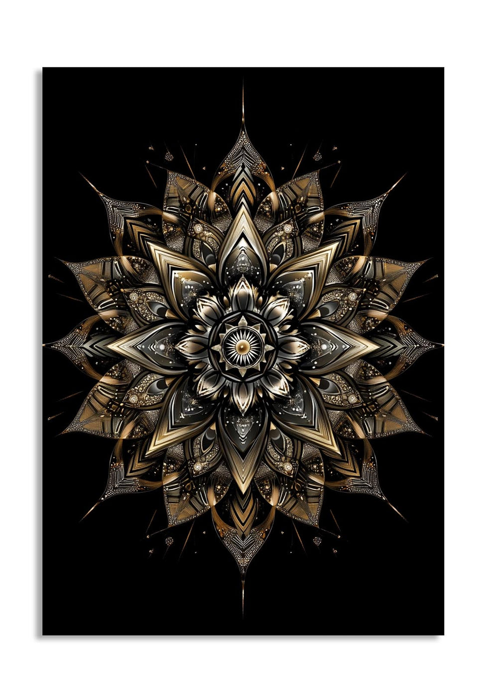 Mandala design with gold and black colors on a black background, as a premium aluminum metal print from GoMetalPrint.
