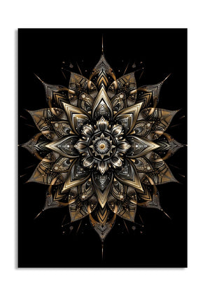 Mandala design with gold and black colors on a black background, as a premium aluminum metal print from GoMetalPrint.
