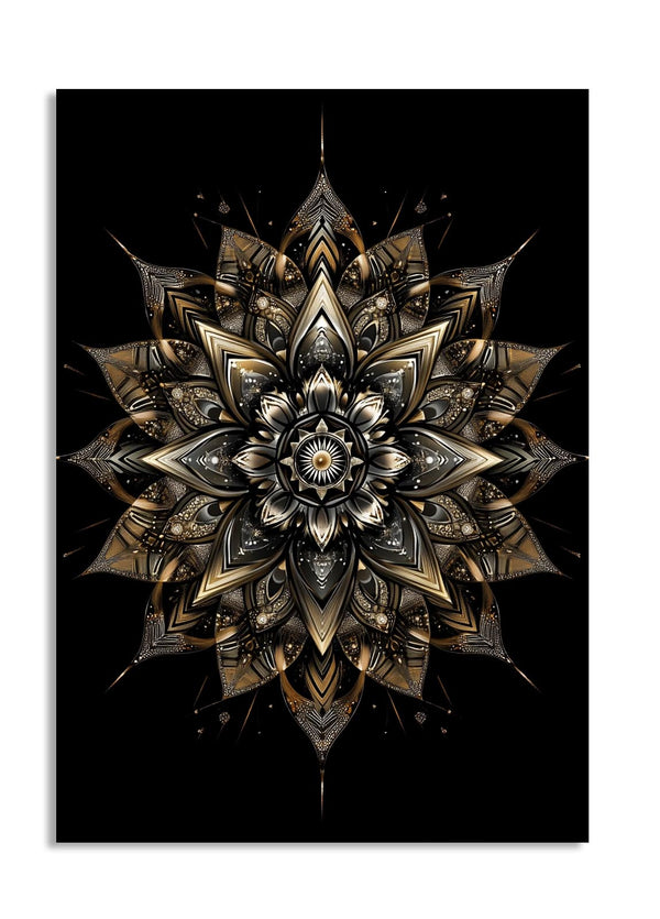 Mandala design with gold and black colors on a black background, as a premium aluminum metal print from GoMetalPrint.
