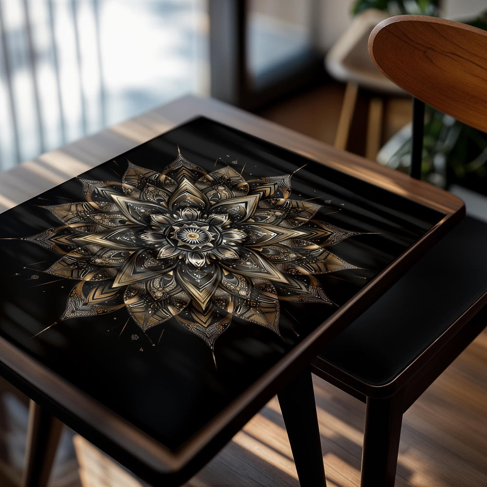 Mandala design with gold and black colors on a black background, as a premium aluminum metal print from GoMetalPrint.
