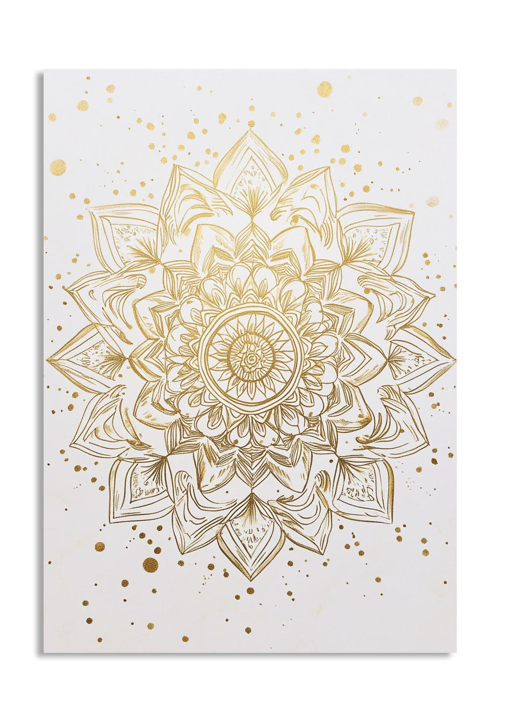 Gold mandala design on a white background with gold dots, as a premium aluminum metal print from GoMetalPrint.
