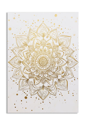Gold mandala design on a white background with gold dots, as a premium aluminum metal print from GoMetalPrint.
