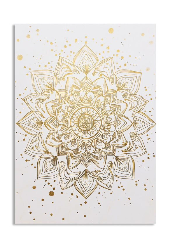 Gold mandala design on a white background with gold dots, as a premium aluminum metal print from GoMetalPrint.
