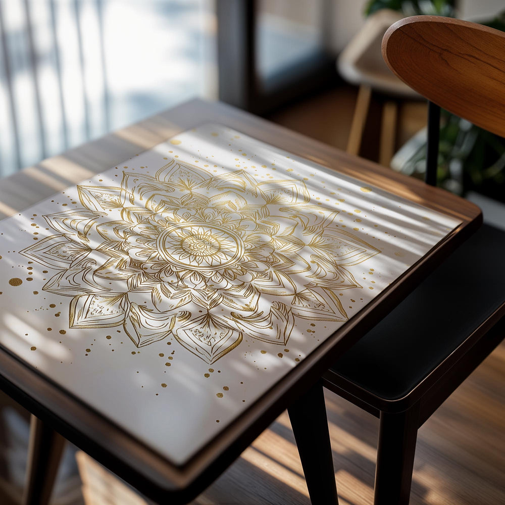 Gold mandala design on a white background with gold dots, as a premium aluminum metal print from GoMetalPrint.
