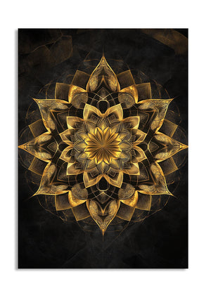 Gold mandala design on a black background, as a premium aluminum metal print from GoMetalPrint.
