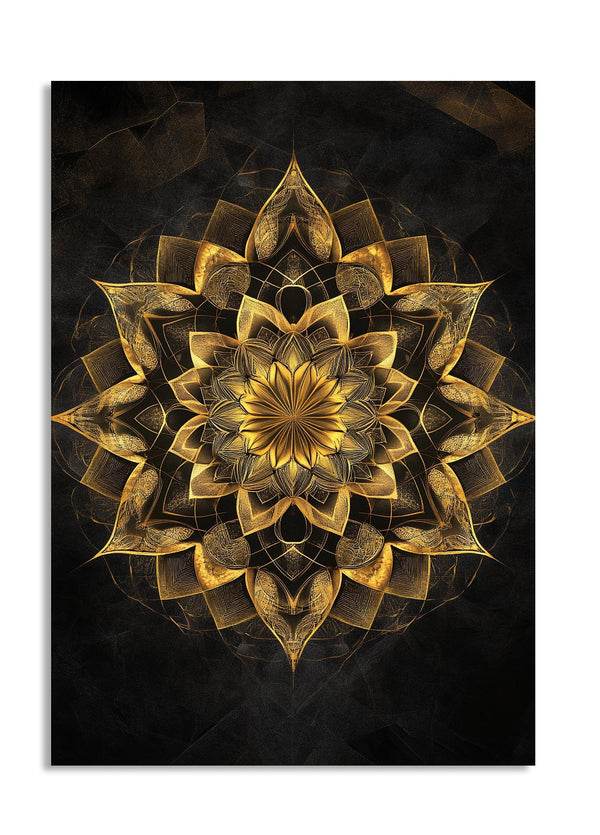 Gold mandala design on a black background, as a premium aluminum metal print from GoMetalPrint.
