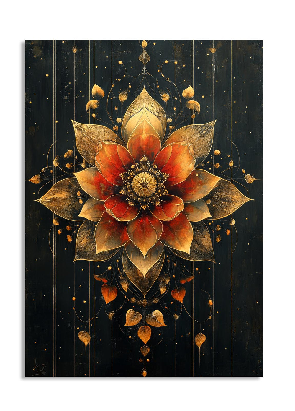 Decorative wall art with a large, intricate flower design on a dark background, as a premium aluminum metal print from GoMetalPrint.
