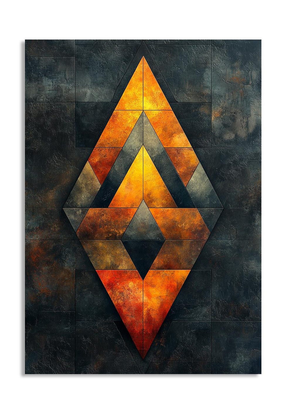 Geometric art piece with a diamond shape on a dark textured background, as a premium aluminum metal print from GoMetalPrint.
