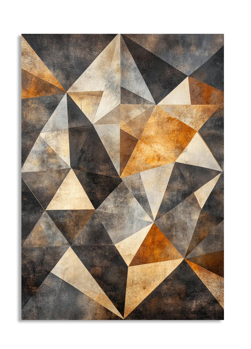 Geometric triangle pattern rug with brown and beige colors on a white background, as a premium aluminum metal print from GoMetalPrint.
