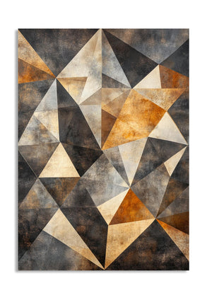 Geometric triangle pattern rug with brown and beige colors on a white background, as a premium aluminum metal print from GoMetalPrint.
