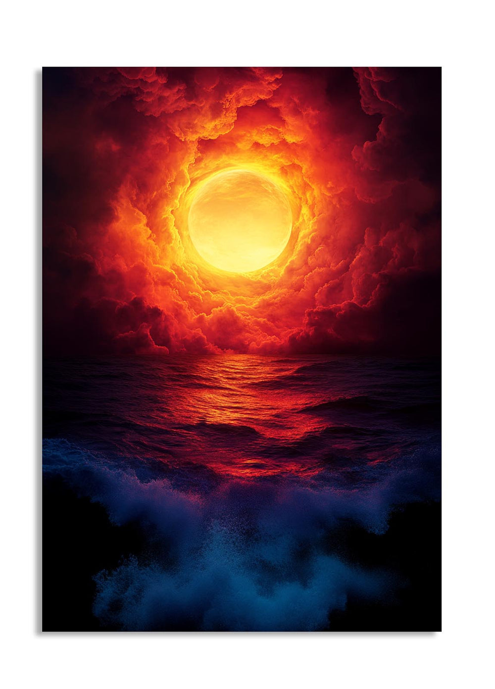 Majestic sunset over water with a large, glowing sun in the sky, as a premium aluminum metal print from GoMetalPrint.
