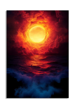 Majestic sunset over water with a large, glowing sun in the sky, as a premium aluminum metal print from GoMetalPrint.
