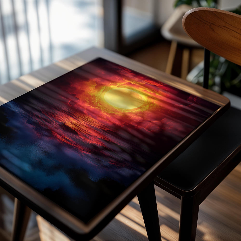 Majestic sunset over water with a large, glowing sun in the sky, as a premium aluminum metal print from GoMetalPrint.
