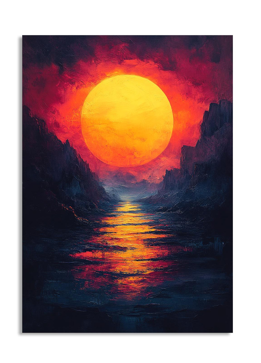 Surreal landscape with a large orange sun setting over a mountainous horizon, as a premium aluminum metal print from GoMetalPrint.
