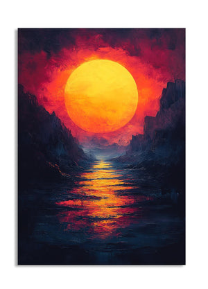 Surreal landscape with a large orange sun setting over a mountainous horizon, as a premium aluminum metal print from GoMetalPrint.
