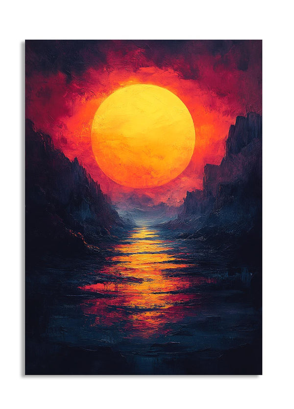 Surreal landscape with a large orange sun setting over a mountainous horizon, as a premium aluminum metal print from GoMetalPrint.
