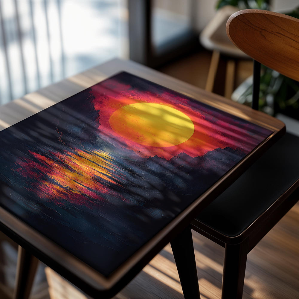 Surreal landscape with a large orange sun setting over a mountainous horizon, as a premium aluminum metal print from GoMetalPrint.
