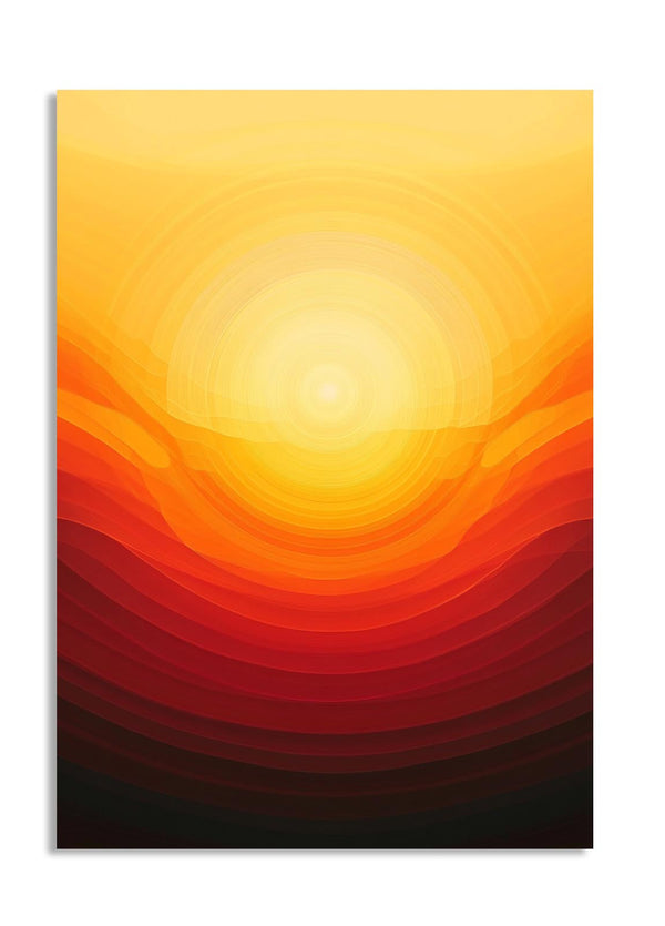 Abstract art print with concentric circular patterns in orange, red, and yellow on a white background, as a premium aluminum metal print from GoMetalPrint.
