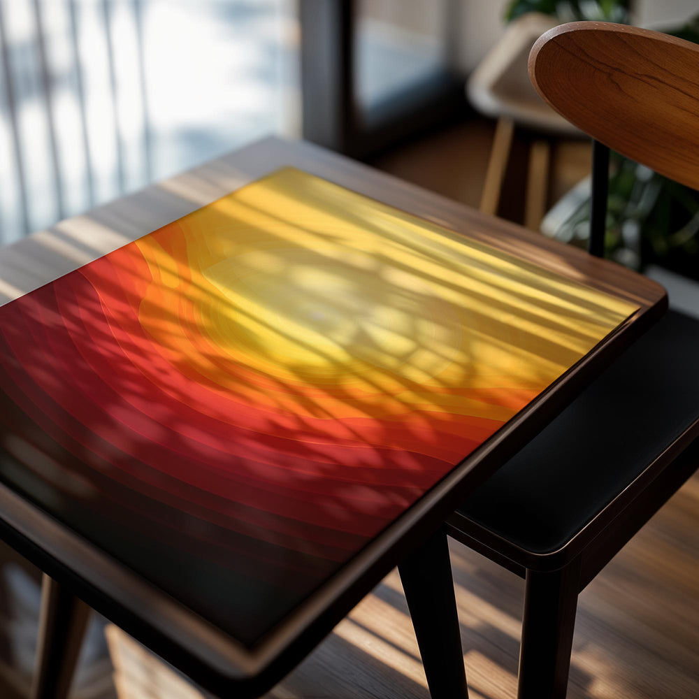 Abstract art print with concentric circular patterns in orange, red, and yellow on a white background, as a premium aluminum metal print from GoMetalPrint.
