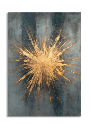 Gold starburst design on a textured gray background, as a premium aluminum metal print from GoMetalPrint.
