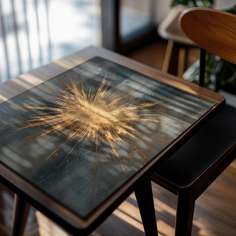 Gold starburst design on a textured gray background, as a premium aluminum metal print from GoMetalPrint.
