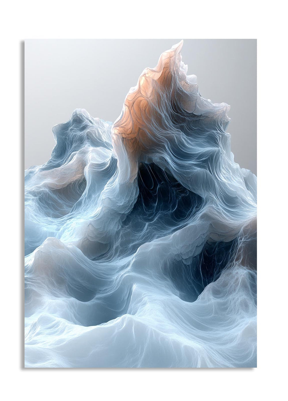 Abstract art piece with wavy, multicolored patterns on a light gray background, as a premium aluminum metal print from GoMetalPrint.
