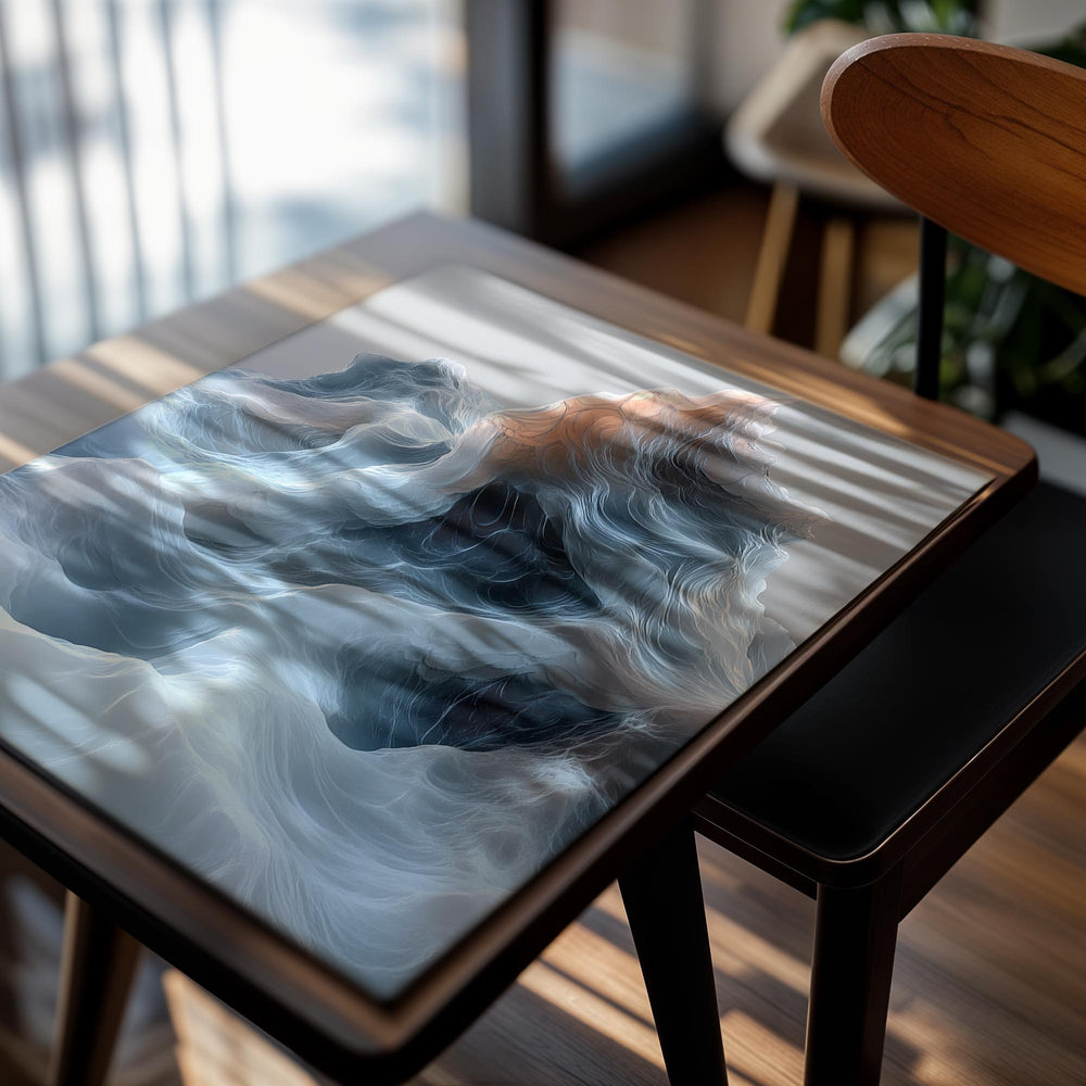 Abstract art piece with wavy, multicolored patterns on a light gray background, as a premium aluminum metal print from GoMetalPrint.
