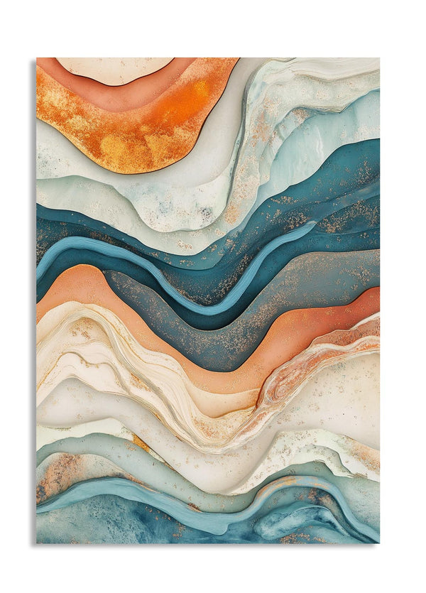 Abstract art print with wavy, multicolored layers on a white background, as a premium aluminum metal print from GoMetalPrint.

