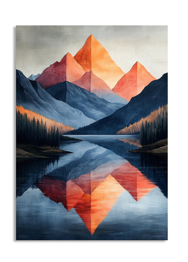 Artistic depiction of mountains reflected in water with a warm color palette, as a premium aluminum metal print from GoMetalPrint.
