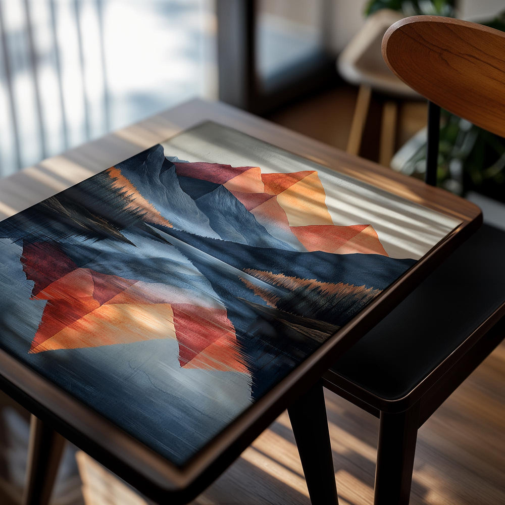 Artistic depiction of mountains reflected in water with a warm color palette, as a premium aluminum metal print from GoMetalPrint.
