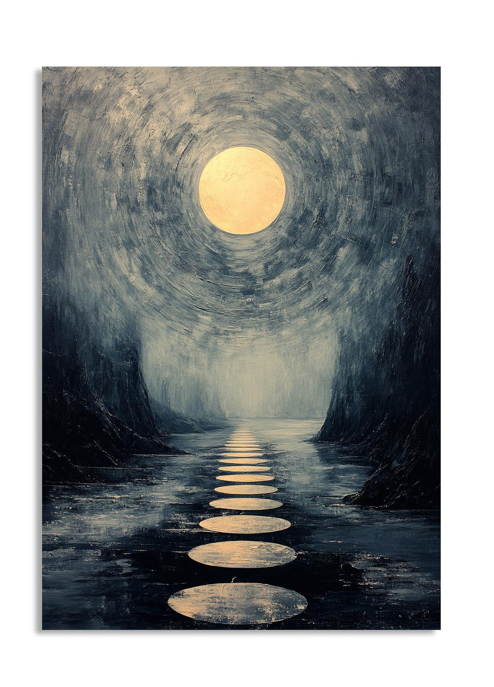 Artistic depiction of a moonlit path with circular lights on a dark background, as a premium aluminum metal print from GoMetalPrint.
