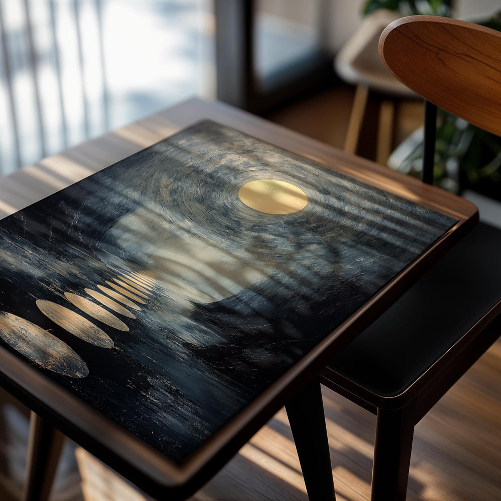 Artistic depiction of a moonlit path with circular lights on a dark background, as a premium aluminum metal print from GoMetalPrint.
