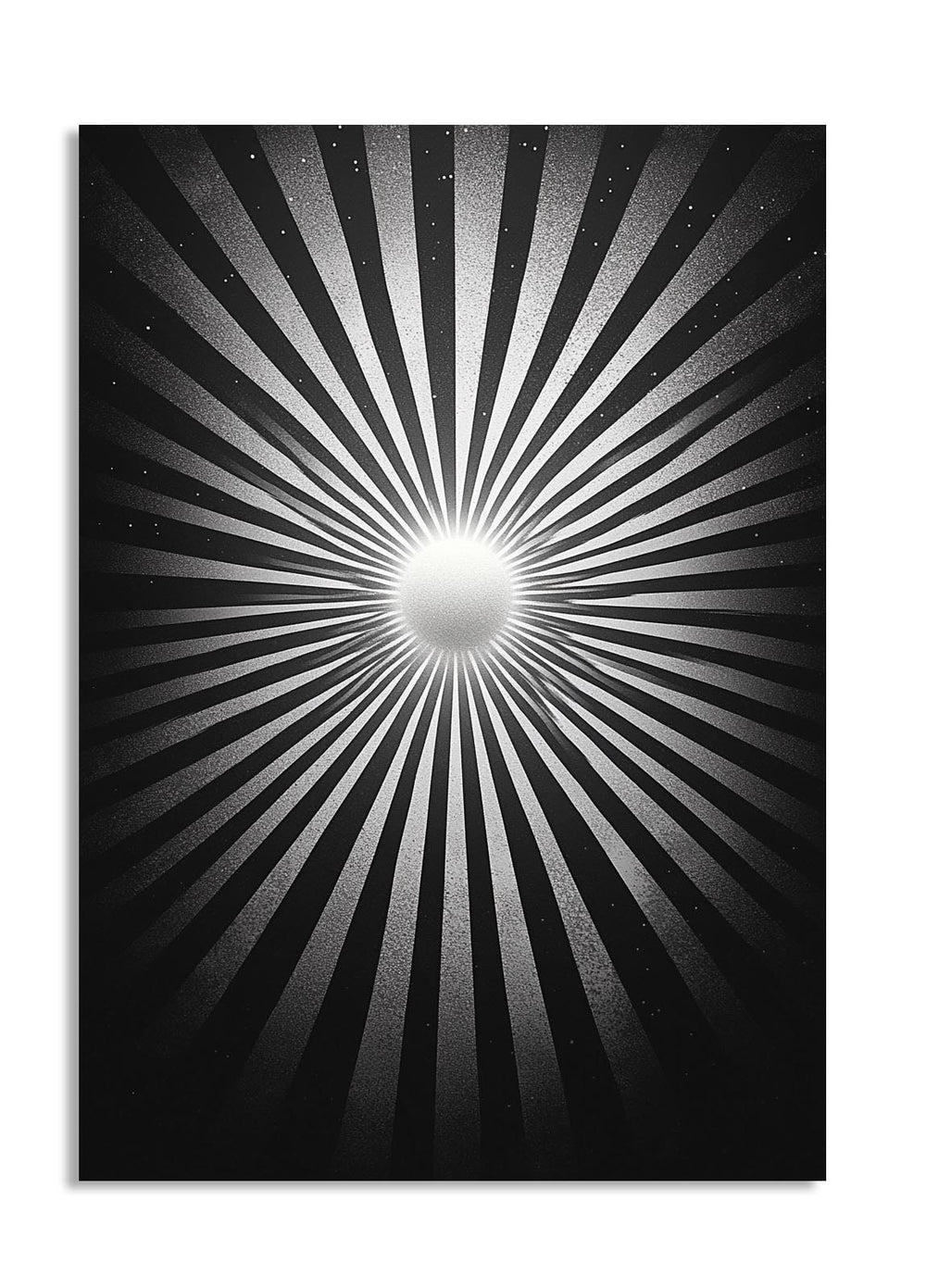 Black and white sunburst design on a black background, as a premium aluminum metal print from GoMetalPrint.

