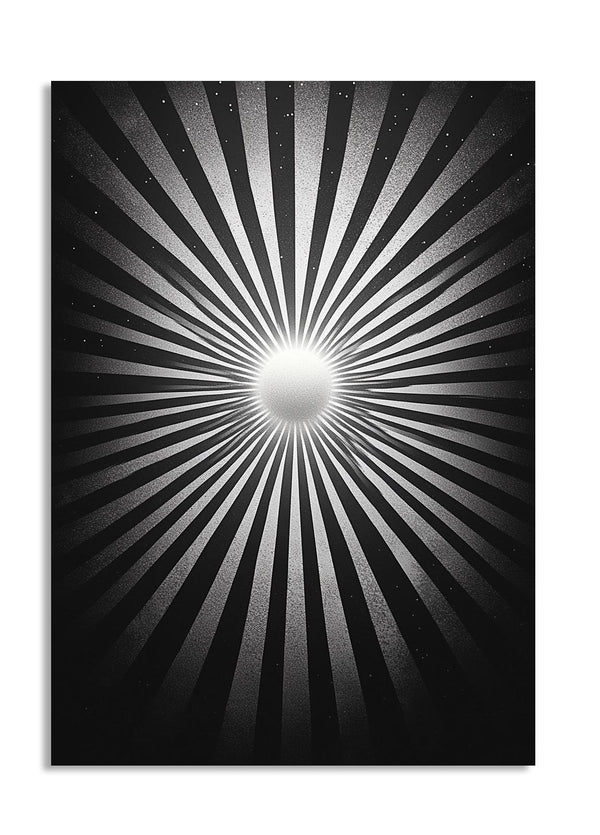Black and white sunburst design on a black background, as a premium aluminum metal print from GoMetalPrint.
