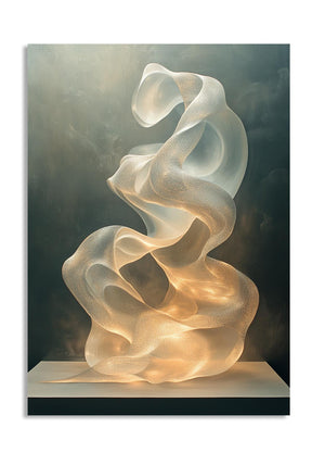 Abstract sculpture with wavy, flowing design on a dark background, as a premium aluminum metal print from GoMetalPrint.
