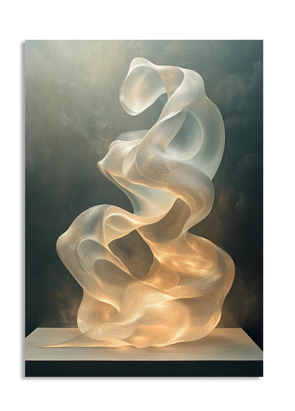 Abstract sculpture with wavy, flowing design on a dark background, as a premium aluminum metal print from GoMetalPrint.
