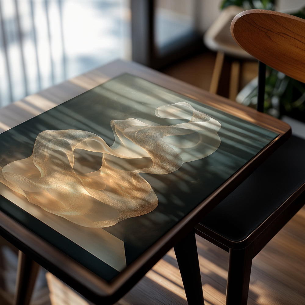 Abstract sculpture with wavy, flowing design on a dark background, as a premium aluminum metal print from GoMetalPrint.
