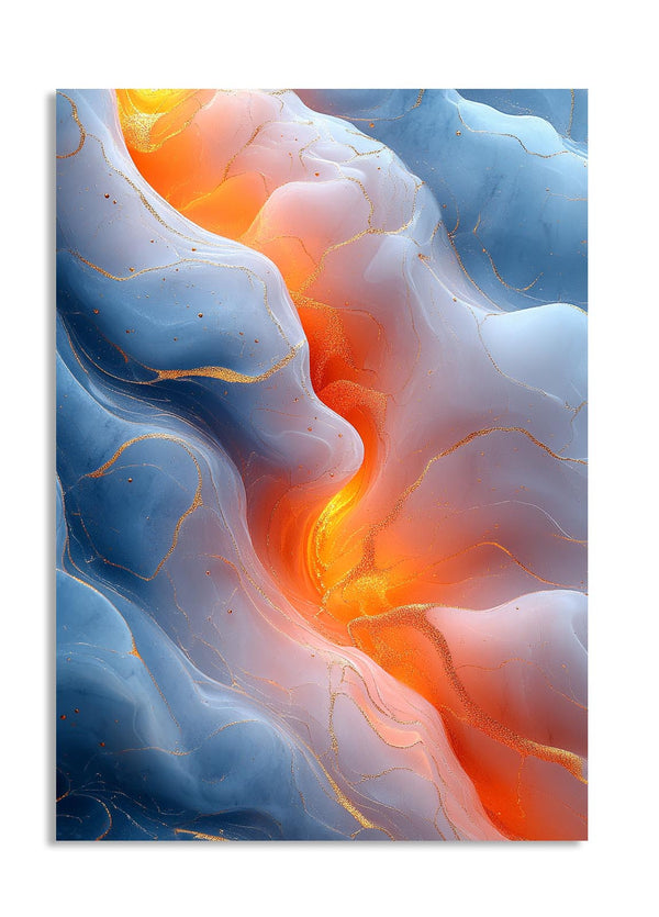 Abstract artwork with swirling colors of blue, orange, and white on a white background, as a premium aluminum metal print from GoMetalPrint.
