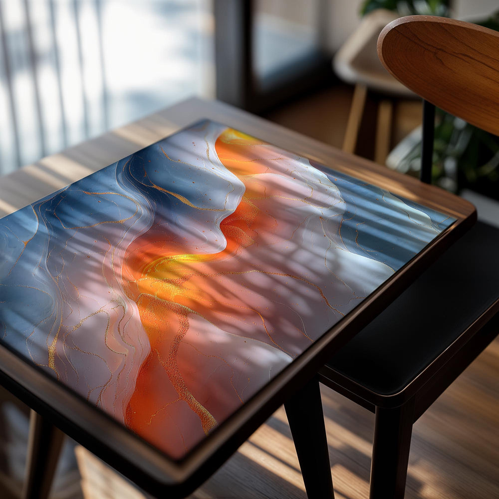 Abstract artwork with swirling colors of blue, orange, and white on a white background, as a premium aluminum metal print from GoMetalPrint.
