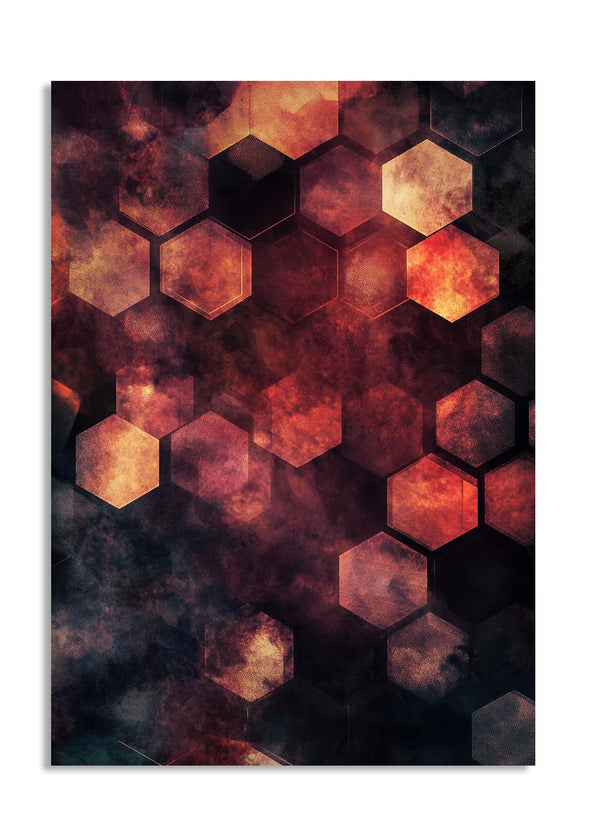 Hexagonal pattern with warm colors on a dark background, as a premium aluminum metal print from GoMetalPrint.

