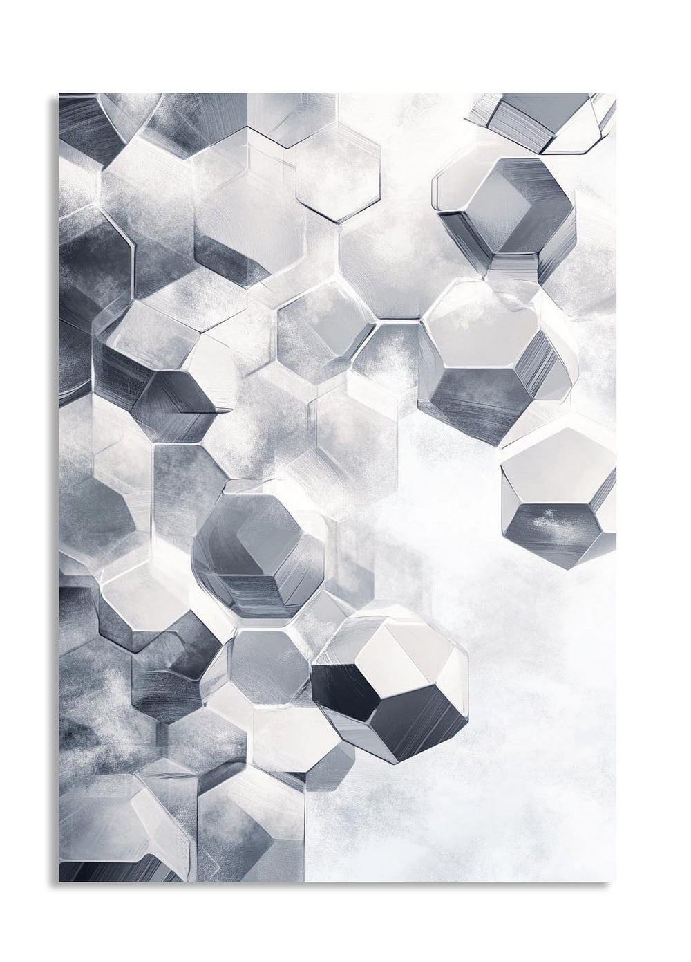 Geometric pattern of hexagonal shapes in gray and white on a white background, as a premium aluminum metal print from GoMetalPrint.

