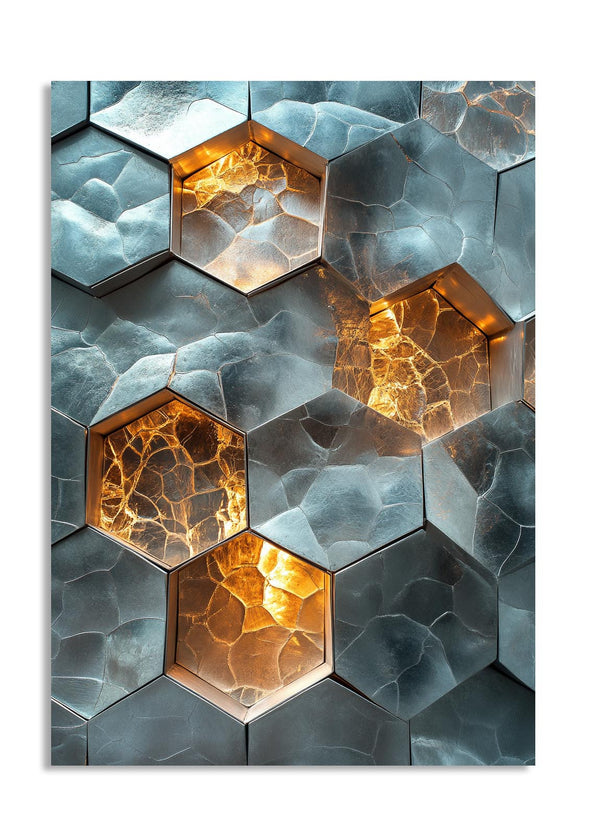 Hexagonal tiles with a metallic finish on a textured surface, as a premium aluminum metal print from GoMetalPrint.
